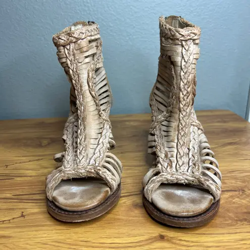Freebird Bela Open Toe Disressed Leather Heels Size 7 Boho Western Beige Tan