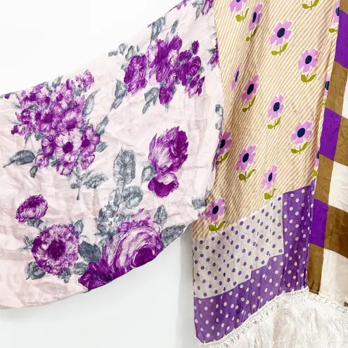 Corinne Margaret Womens Beach Resortwear Fringe Floral Patchwork Silk Kimono OS Purple Size undefined