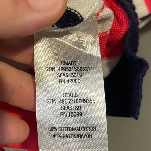 WOMEN'S BASIC EDITIONS LACE UP STRIPED SWEATER WHITE NAVY CORAL SIZE XL