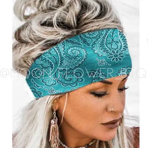 Teal Paisley Boho Headband for Women – Wide Stretch Hair Wrap Blue