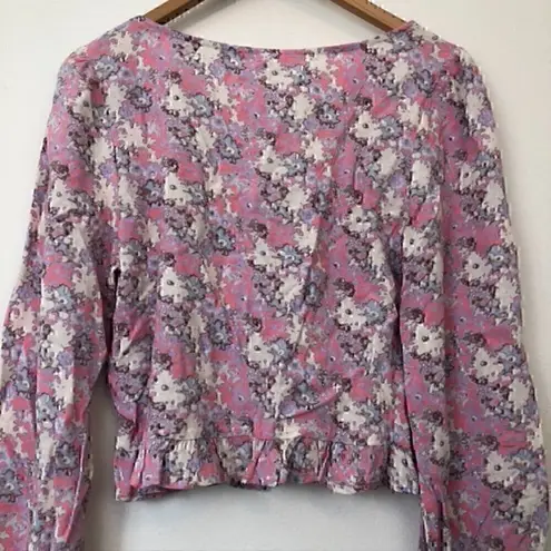 Abound NEW NWT  Cinched Floral Blouse Pink Cream Blue Long Sleeve Crop Top Medium