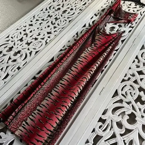 Women's 90s STUDIO f Red Gold Animal Print Asymmetrical Maxi Dress RARE Size L