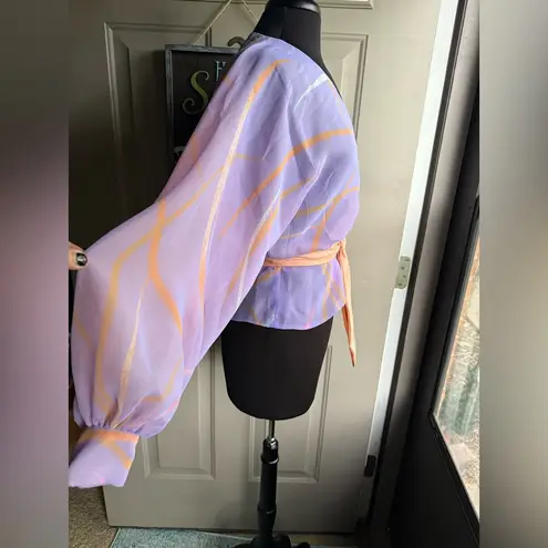 Vintage 70/80s handmade abstract pastel sheer wrap waist tie blouse, size 4/6 Purple