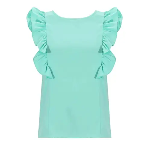 NEW Claudia G Aqua Blue Orchid Ruffle Top Open Bow Tie Back Flutter Sleeves L Size L