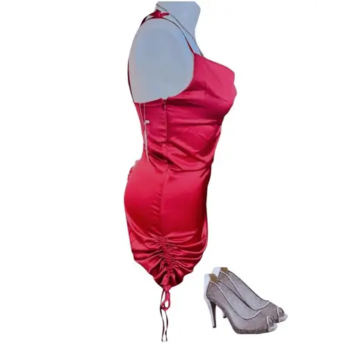 Halfisland Womens Dress Red Spaghetti Strap Ruched Bodycon Satin Silky Size L Size L