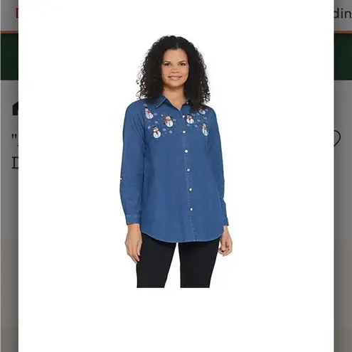 Quacker Factory Quaker Factory Embroidered Gem Chambray Button Down Snowman Tunic- XXL