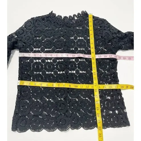 None Boho Open Knit Crochet Floral Lace Top Long Sleeves High Neck Black Size Large
