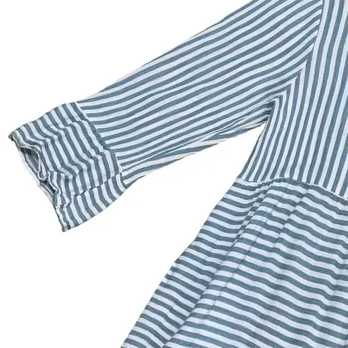 Ces Femme Women's M Blue Striped Seersucker Shirt, Ruffle 3/4 Sleeve Casual Size M