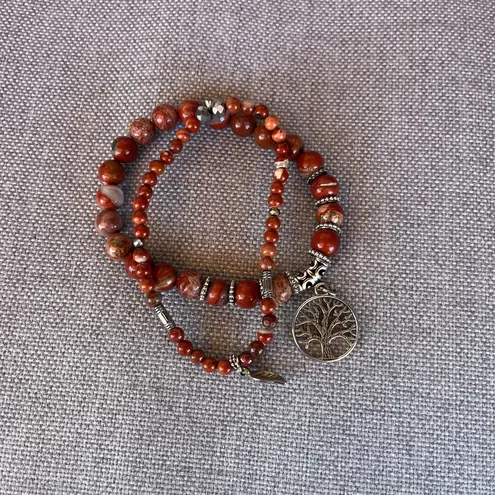 Red Jasper Beaded Bracelet Set w/ Tree of Life & Leaf Charms Silver