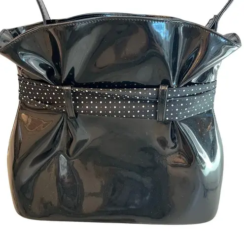 Beijo Black Vegan Patent Leather Paper Bag Handbag Polka Dot Scarf Twee Preppy