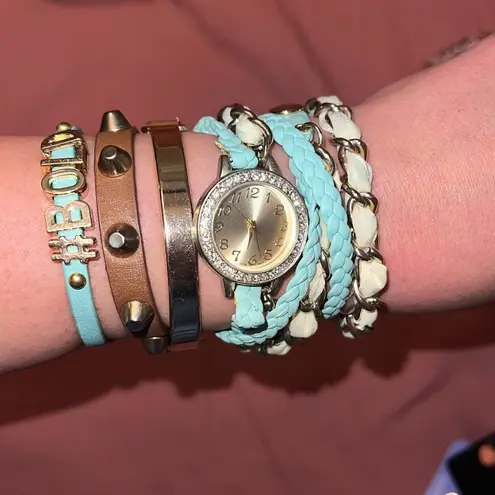 5 Wrap watches and bracelets set lot Tan