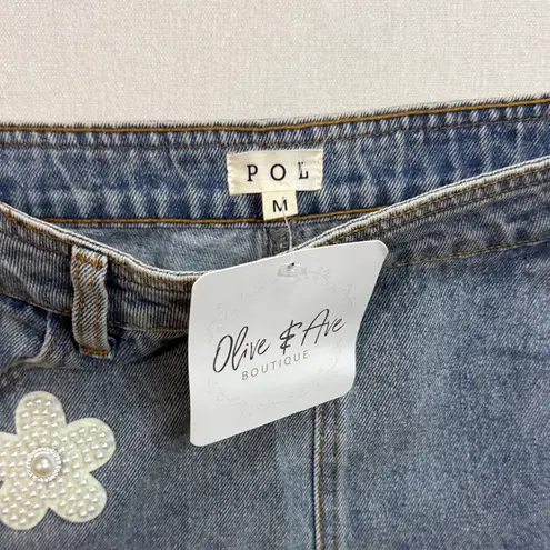 POL  Blue Jean Shorts with White Floral Accents
