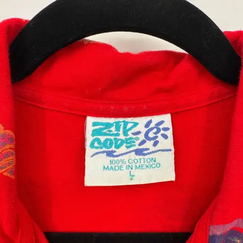 Vintage Zip Code Collared Maxi Dress Womens Large Red Cotton Fish Print Mexico