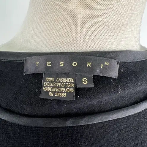 TESORI SZ S 100% Cashmere Black Long Sweater Satin Trim Long Sleeves