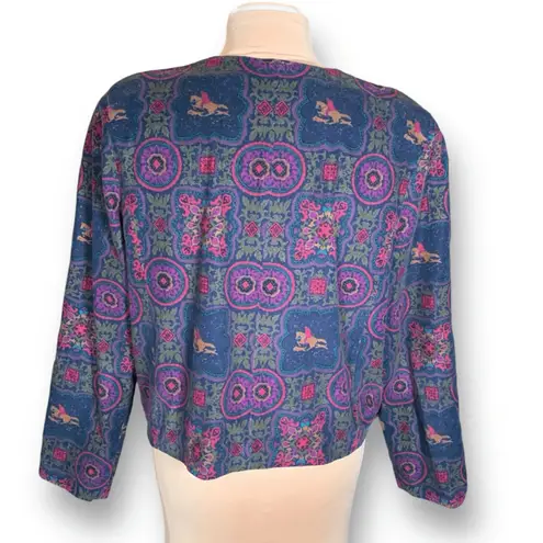 Vintage 90s Karen Scott Collections Navy Blue Equestrian Horse Bit Print Jacket Size 18