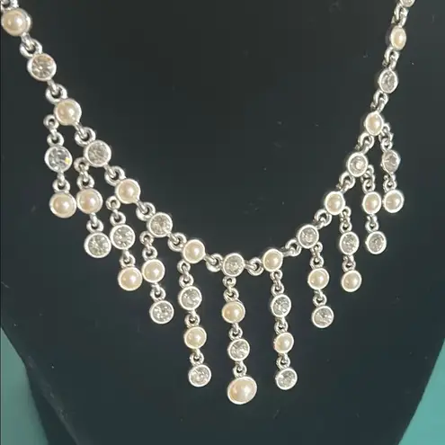 Waterfall Rhinestone Pearl and Silver Bridal Prom Formal Occasion Necklace