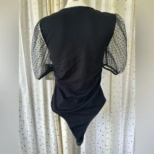 Lark + Grey NWT Women's V Neck Puff Mesh Polka Dot Sleeves Bodysuit L XL Black Size L