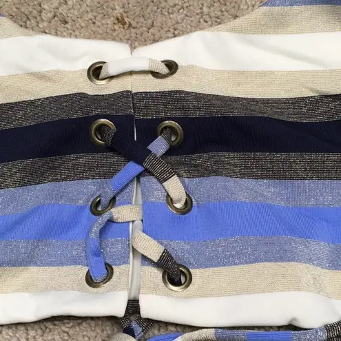 PilyQ Rare. metallic navy, blue, tan, cream stripe lace up bikini. NWT