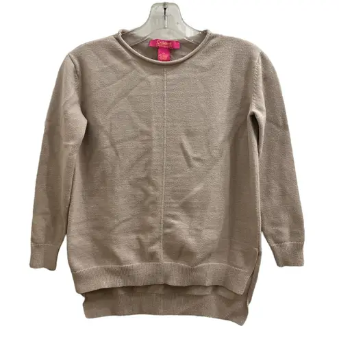 Catherine Malandrino Seam Front Split Hem Sweater Tan Beige Roll Collar XS Knit