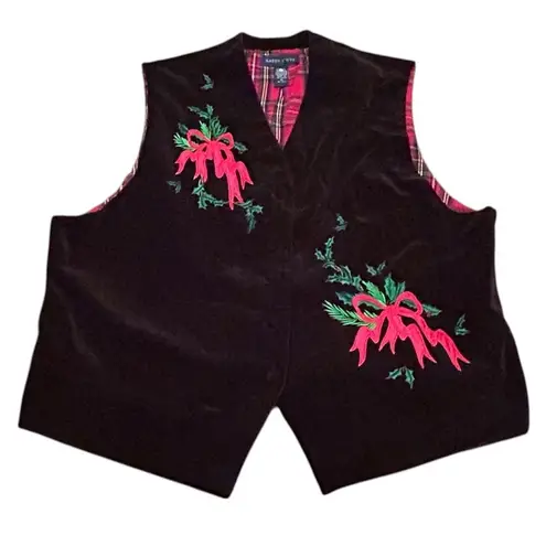 Karen Scott Vintage Christmas Vest Black Velvet Embroidered Red Ribbon Size XL