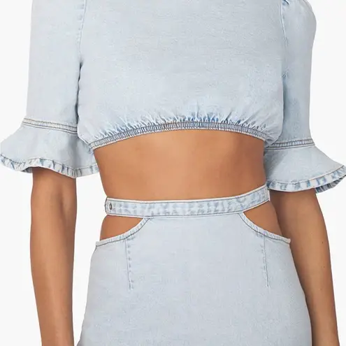 We Wore What NWT Cut Out Denim Mini Skirt Indigo Comfort Super Light Stone Wash L