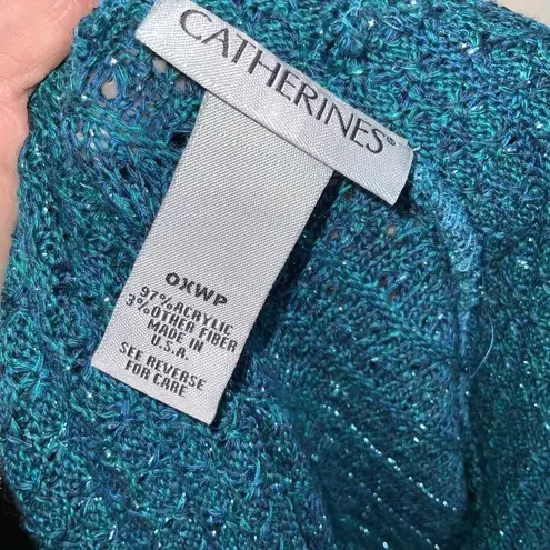 Catherines Teal Metallic Oversized Cowl Neck Open Ribbed Knit Sweater OXWP