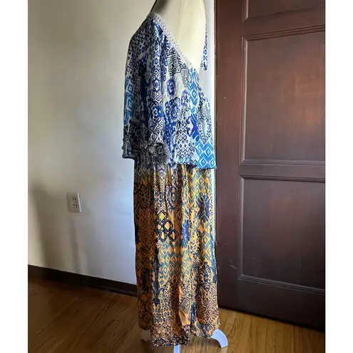 Raga | Blue and Mustard Boho Tiered Midi Halter Neck Ruffle Sundress | Small