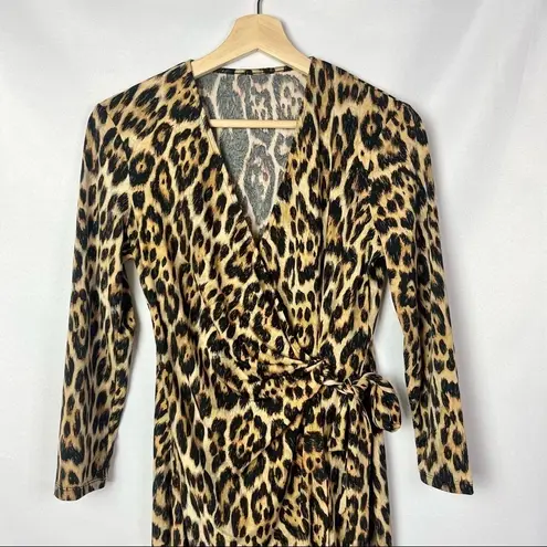 Kasper  Brown Animal Print Long Sleeve Wrap Dress M