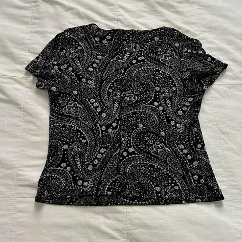 Y2K paper tag vintage Black velour & glitter paisley print square scoop neck top Size L