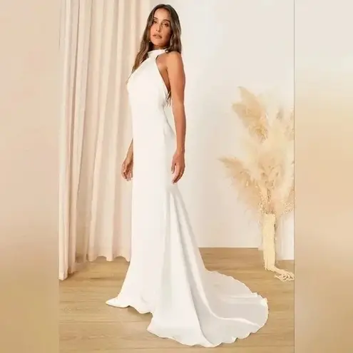Lulus Eternity Together White Satin Halter Mermaid Maxi Dress Size L Size L