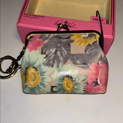 Patricia Nash MULTICOLOR FLORAL FRAME POUCH WITH KEY RINGS GENUINE LEATHER NEW