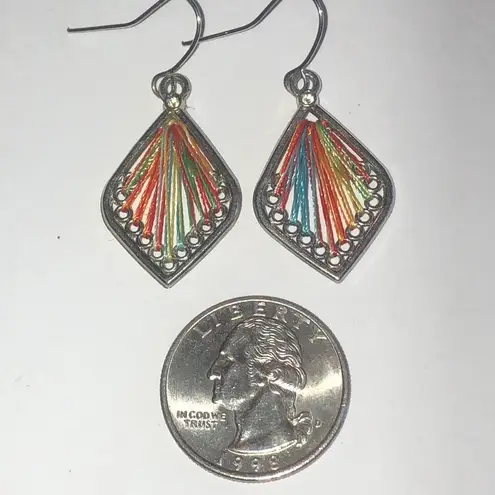 Colorful Thread Silver Tone Boho Dangle Earrings Red
