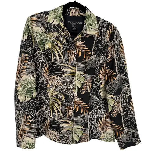 SILKLAND Pure Silk Safari Animal Print Lightweight Jacket Blazer Size 8 Career Black