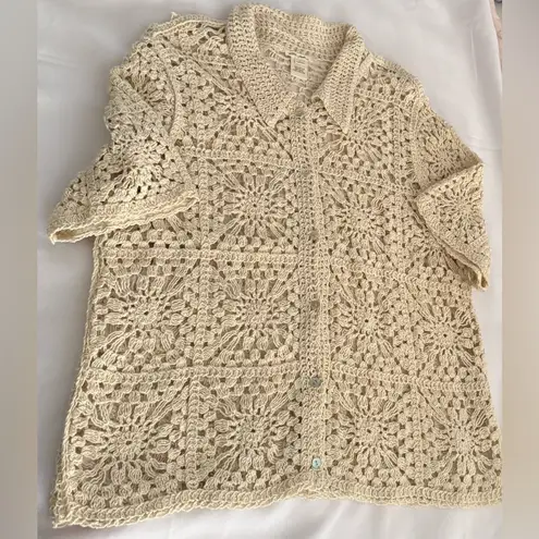 Ultra Pink NEW Crochet Cardigan Sweater Women L Ivory Grannycore