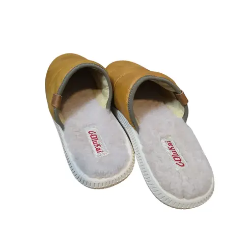 OluKai Moloa Pae Leather Slippers Mules Tan Shearling Lined Mens Sz 10