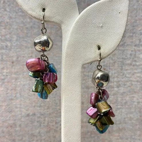 Boho Dangle Earrings Silver Tone Shell Beads Bell Sound Beach Vacation Coastal