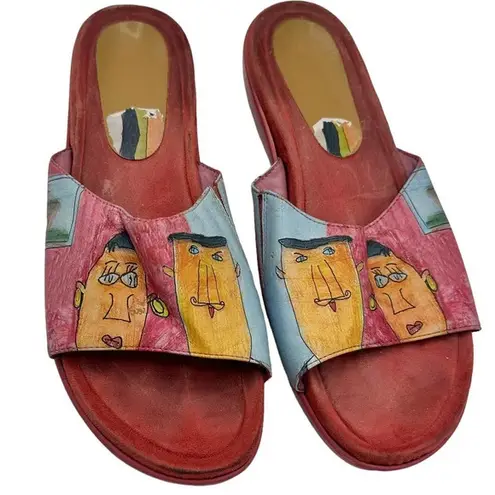 DIEGO DI LUCCA PINK WITH DRAWN FACES SLIDE ON SANDALS SIZE 10M