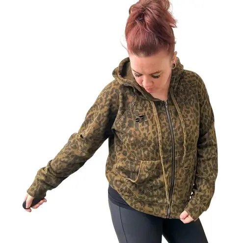 Disney Villain Graphic Zip Up Hoodie Olive Green Leopard Print Size Medium OOAK