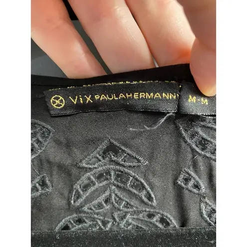 Vix Paula Hermanny Kimono Swim Coverup Medium Black Open Front Embroidery B48