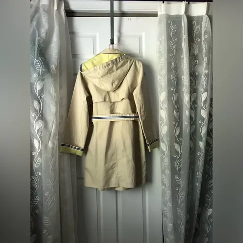 Dennis Basso Classic Natural Trench with Striped Belt hooded buttons cotton sz M