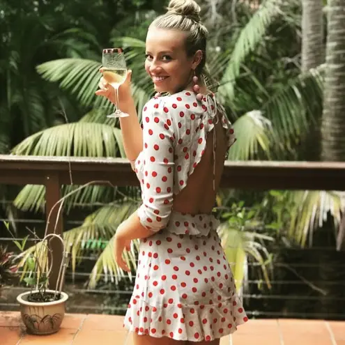 Realisation Par 💕💕 Goldie Cherry Dress ~ Red Polka Dot Print XS 100% Silk