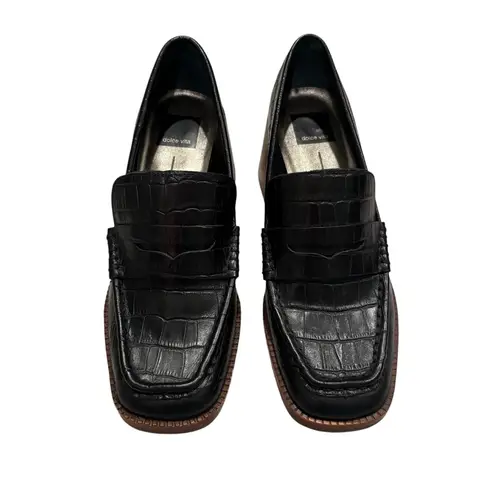 Dolce Vita Talie Black Crocodile Faux Leather Heeled Loafers, Sz 8