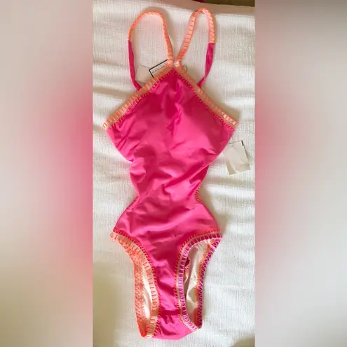 NWT PQ Swim Crochet Trim High Neck One Piece Pink Orange White Size Small