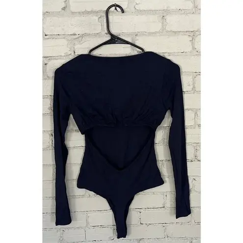 Naked Wardrobe NWOT  Navy Longsleeve Thong Bodysuit with Open Back - Size M