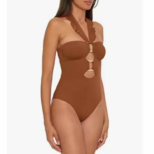 Soluna Swim Standard Buckle Up One Piece Bandeau Swimsuit Medium Bronze Brown