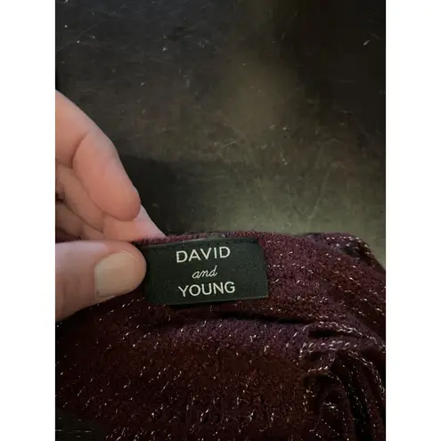 David and Young Poncho Womens One Size Burgundy Metallic Knit Fringe Ruana Wrap Red