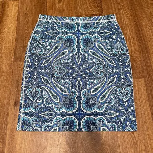 J. McLaughlin  Halle Reversible Skirt Womens Small Scuba Pencil Blue Paisley Geo