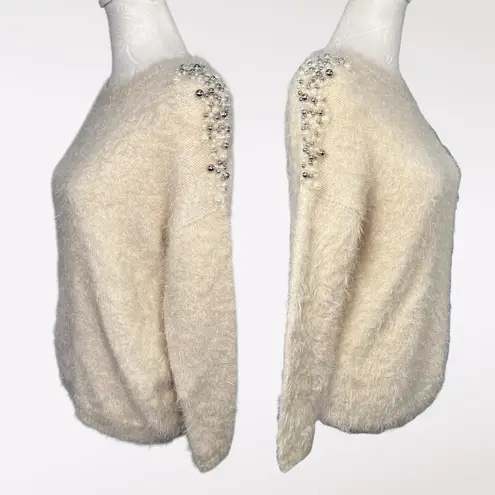 Mizumi Ivory Beaded Fuzzy Sweater Embellished Long Sleeve Soft Knit Size Small White