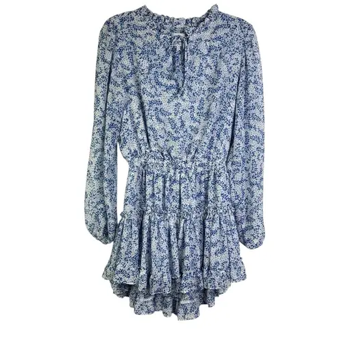 MISA Los Angeles Lorena Dress White and Blue Floral Print Tiered Swing XS XSmall