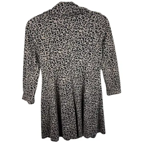 Fever Y2K Leopard Print Long Line Cardigan Duster Ruffled Collar Pockets Size XL Tan